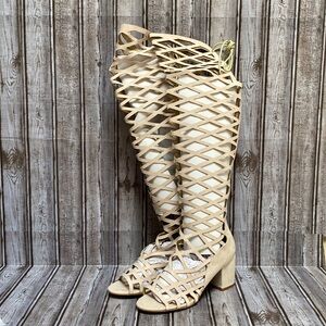 NWT Mark & Maddox Nude Faux Suede Over the Knee Sandal Heels Size 8